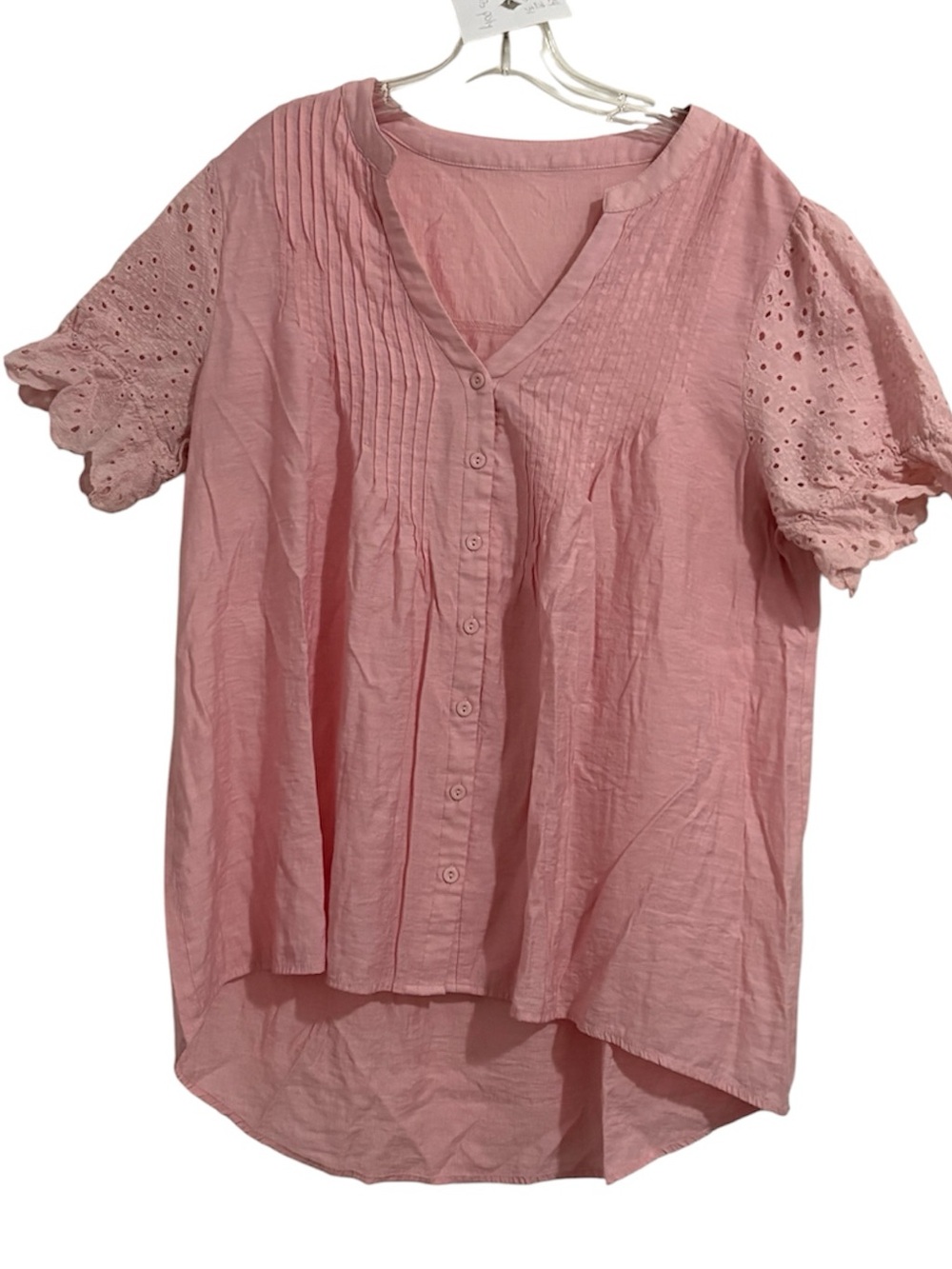 Pink Button-Front Eyelet Sleeve Blouse
